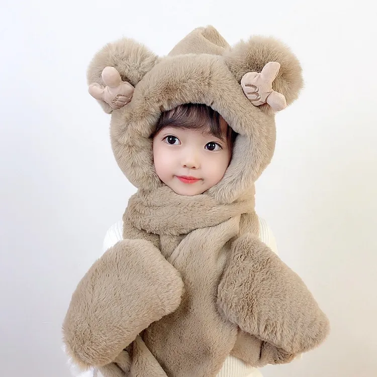 米奇儿童加绒保暖三件套帽子围巾手套一体双层加厚骑车护耳风寒帽