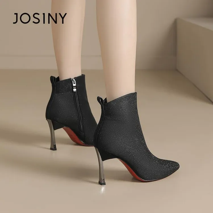 卓诗尼高跟短靴女细跟2025年秋冬新款气质尖头弹力瘦瘦靴法式裸靴