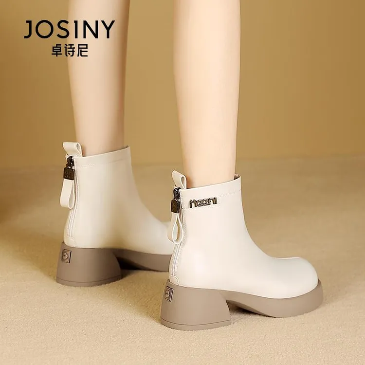 卓诗尼白色切尔西短靴女厚底2025新款秋冬马丁加绒粗跟弹力瘦瘦靴