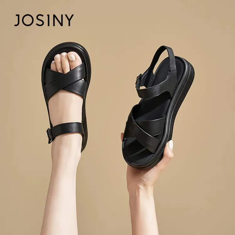 卓诗尼舒适休闲百搭凉鞋女2025夏季新款轻便防滑软底黑色时尚单鞋