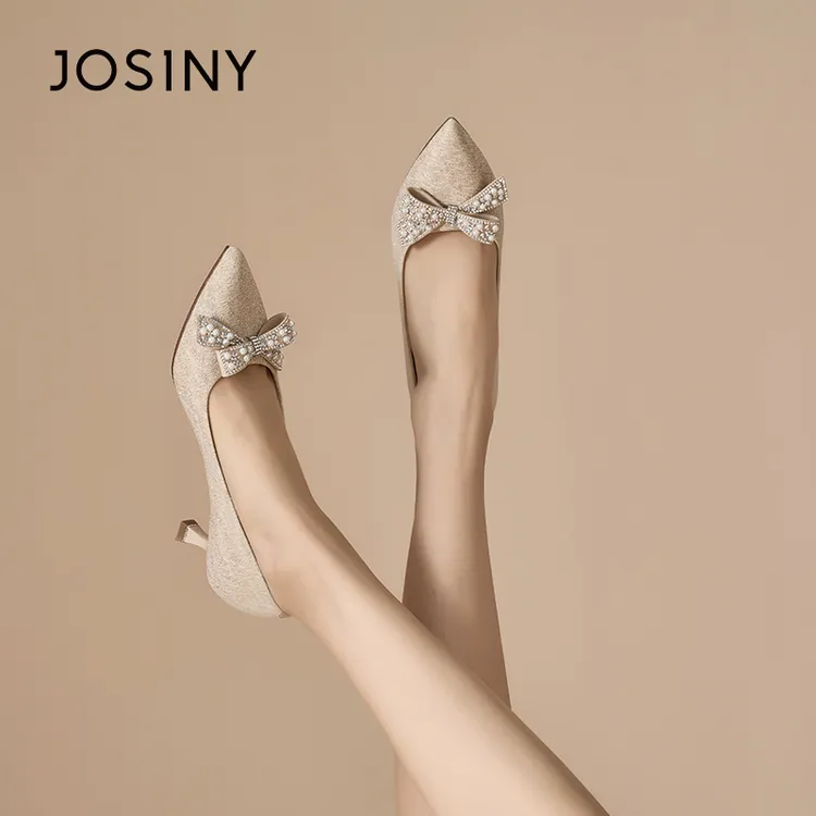 卓诗尼气质细跟高跟女鞋2025春季新款高跟鞋子法式尖头蝴蝶结单鞋