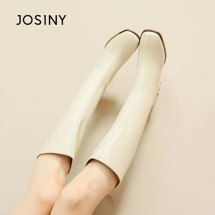 卓诗尼高跟长筒靴女款2025新款冬季复古白色骑士靴显瘦不过膝长靴