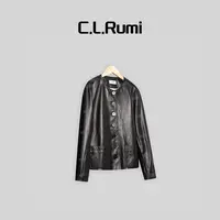 【Rumi精选】“繁花”琎口羊皮牛角扣中古印花真皮圆领皮衣外套6112wt