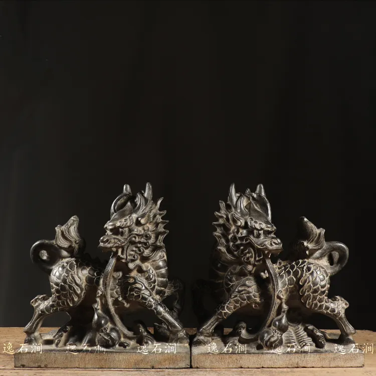 仿古石雕天然青石手工雕刻麒麟吐玉书中式民俗会所装饰摆件