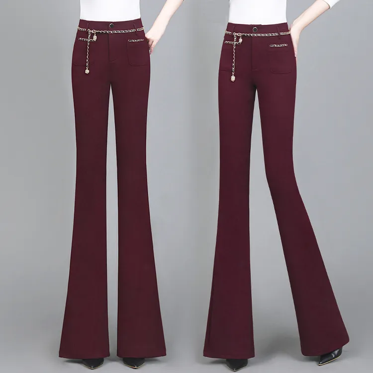 安哥拉红裤子女秋冬高腰修身显瘦弹力大码时尚休闲百搭微喇叭裤子