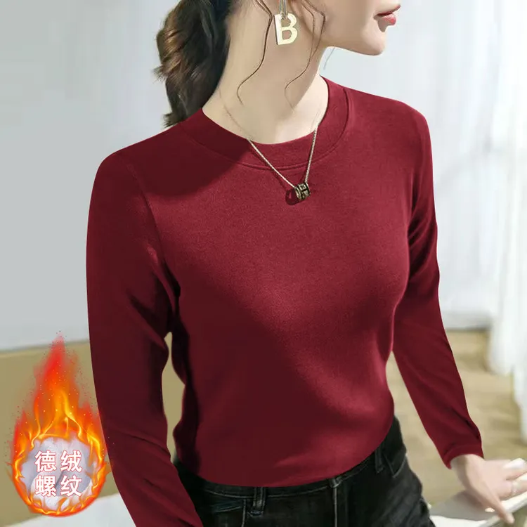 加绒保暖春秋螺纹打底衫女新款修身显瘦气质简约百搭长袖T恤上衣