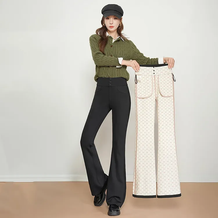 秋季新款高腰显瘦弹力腰部三粒扣女士修身显瘦外穿微喇裤9312