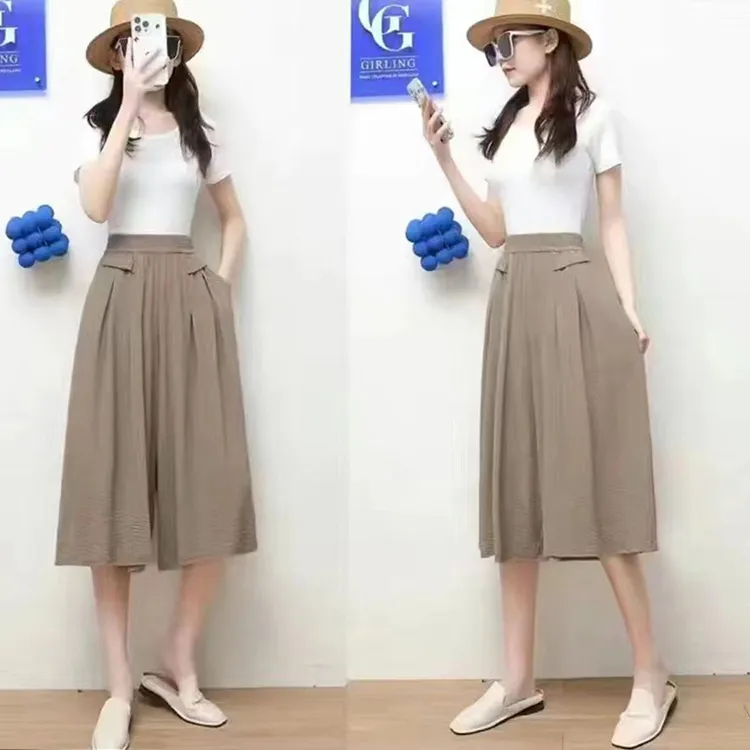 夏季新款时尚百搭松紧腰抽绳宽松七分阔腿裤1669