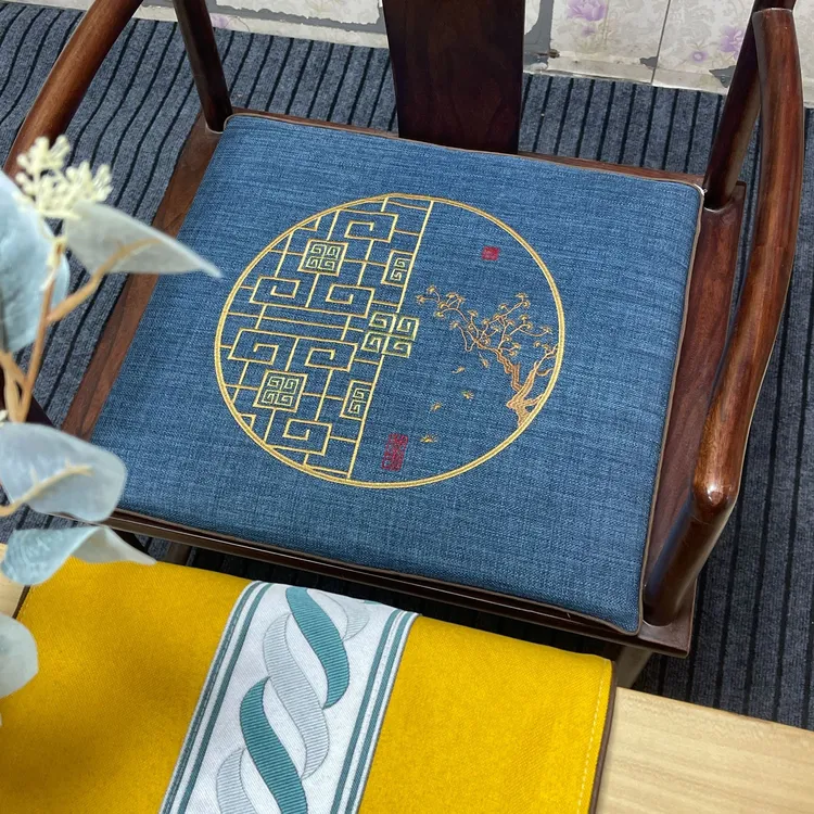 中式红木家具亚麻刺绣花坐垫圈椅太师官帽实木椅罗汉床防滑乳胶