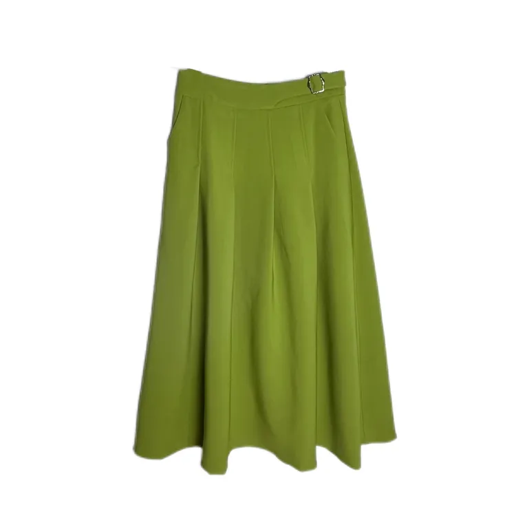 Qianxuanni/茜萱妮春季新款纯色伞裙长裙绿色垂感裙子