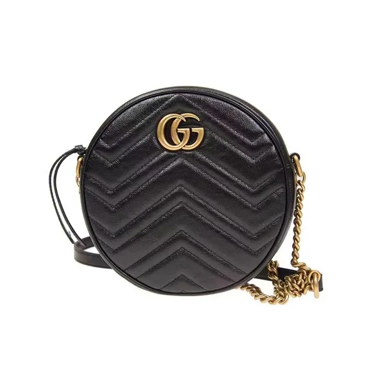 99新 GUCCI/古驰 marmont马尔蒙黑色圆饼包女士链条单肩斜挎