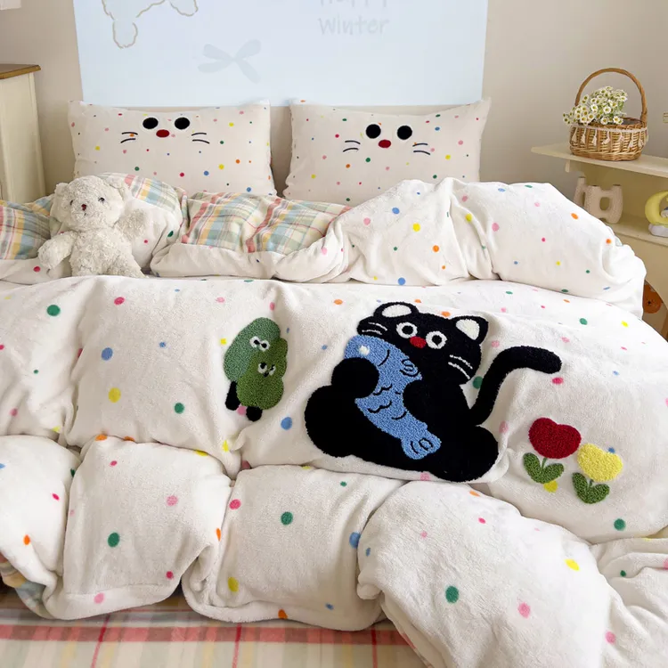 贪吃猫高克重毛巾绣牛奶绒三件透气床品套件四件套可爱卡通风被套