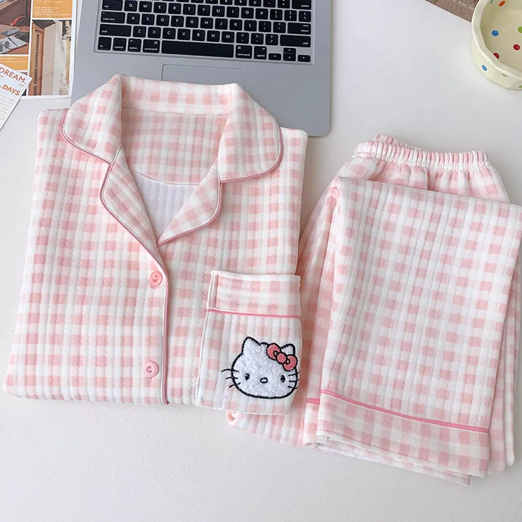 【粉格KT猫】韩版可爱甜美少女加厚夹层睡衣秋冬季长袖两件套家居服