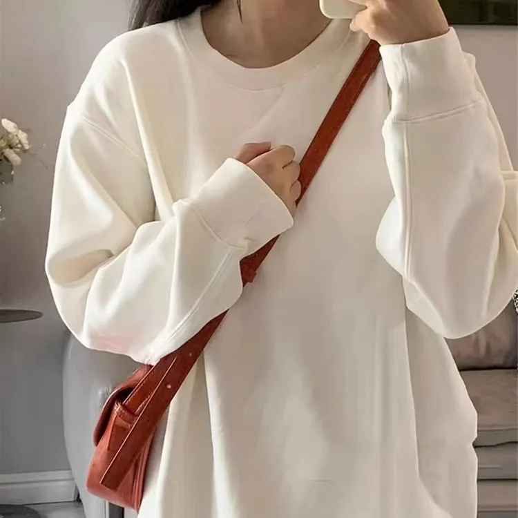 白色卫衣女春秋薄款无帽2023新款宽松韩系慵懒风oversize圆领上衣