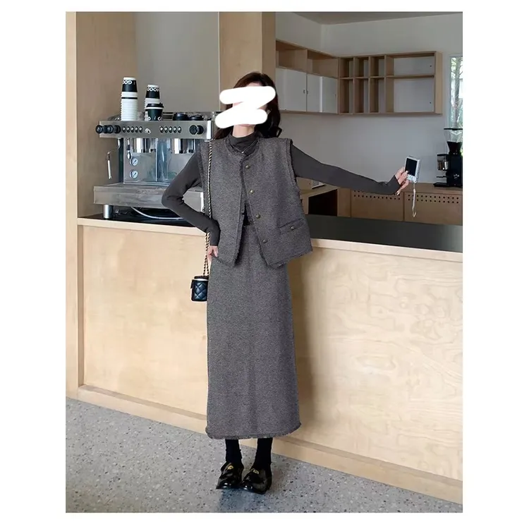 高级感复古御姐气质休闲套装女秋季新款时尚马甲半身裙三件套8046