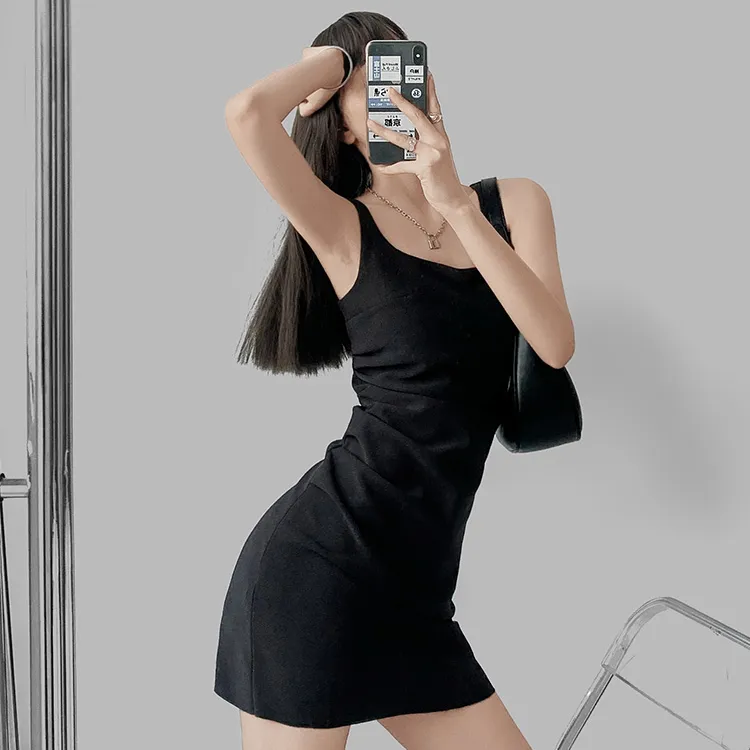 夏春茶无袖方领吊带短裙气质修身高腰连衣裙辣妹小众