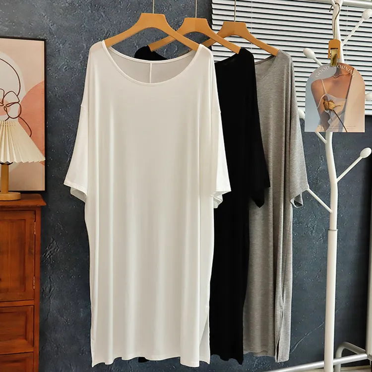 莫代尔中长款T恤睡裙薄女夏秋季下摆开叉过膝宽松大码睡衣孕妇裙
