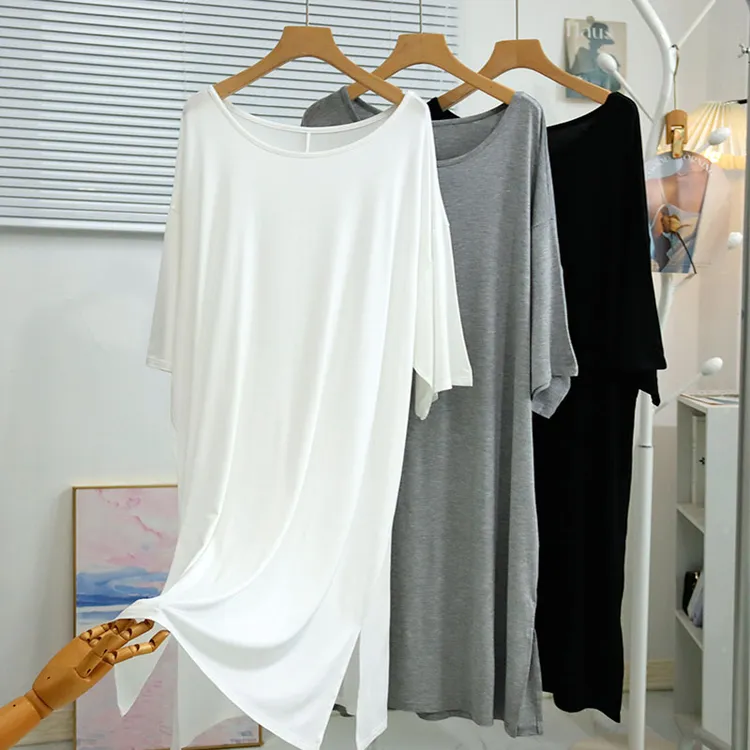 柔软开叉纯色中长款莫代尔连衣裙过膝长裙宽松大码圆领睡裙孕妇裙