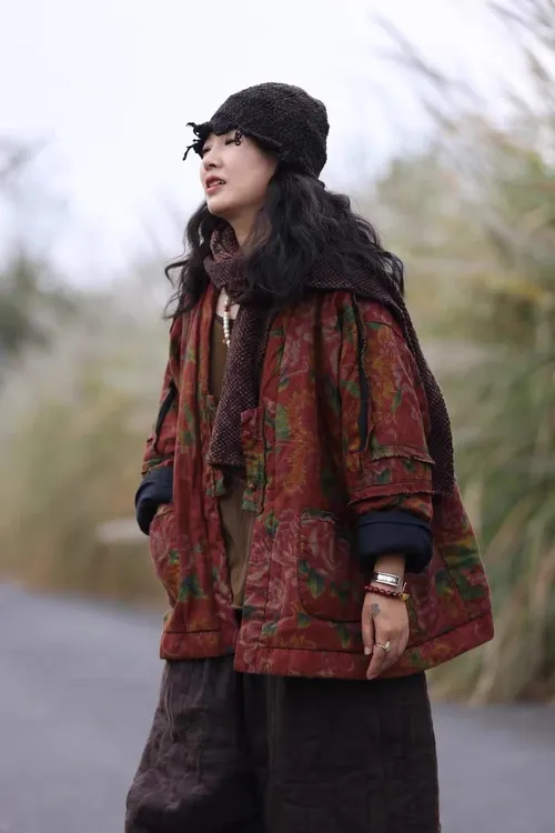 2025古兰木冬季新款文艺复古做旧慵懒宽松大码印花亚麻棉服外套