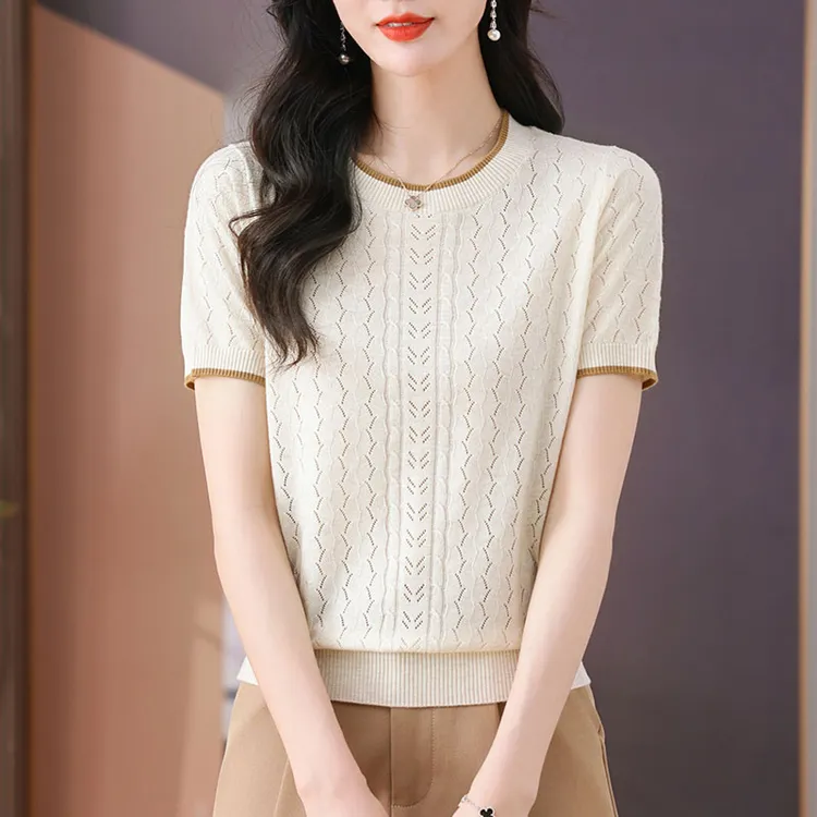 2025夏季新款圆领短袖t恤女百搭时尚中年妈妈薄款镂空短款针织衫