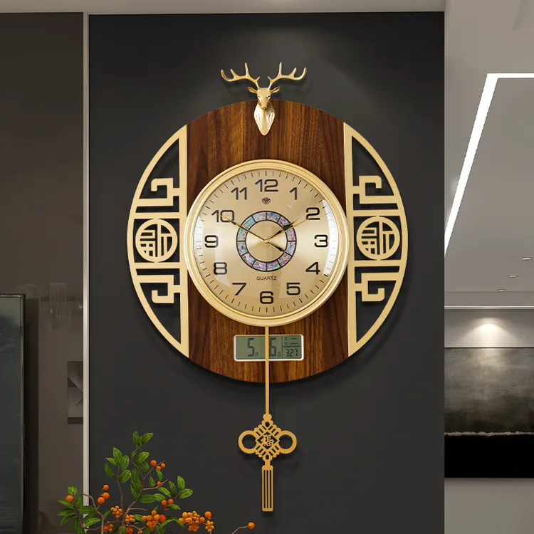 中美式挂钟客厅家用钟表中国风时钟挂墙大气日历家用装饰静音壁钟