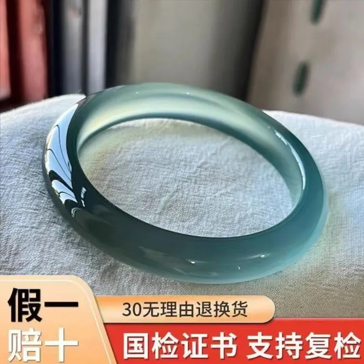 天然马料库里蓝高冰玛瑙手镯玉髓女冰老蓝水透镯子玉镯色泽微差