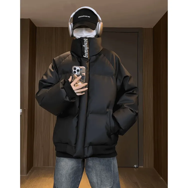 PU皮刺绣立领羽绒棉服男款冬季美式三防工装外套高级感短款面包服