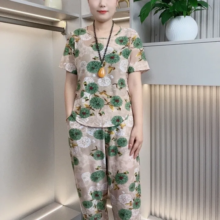 夏季妈妈装洋气妈妈装大码夏装休闲花色大老冰麻套装宽松印花