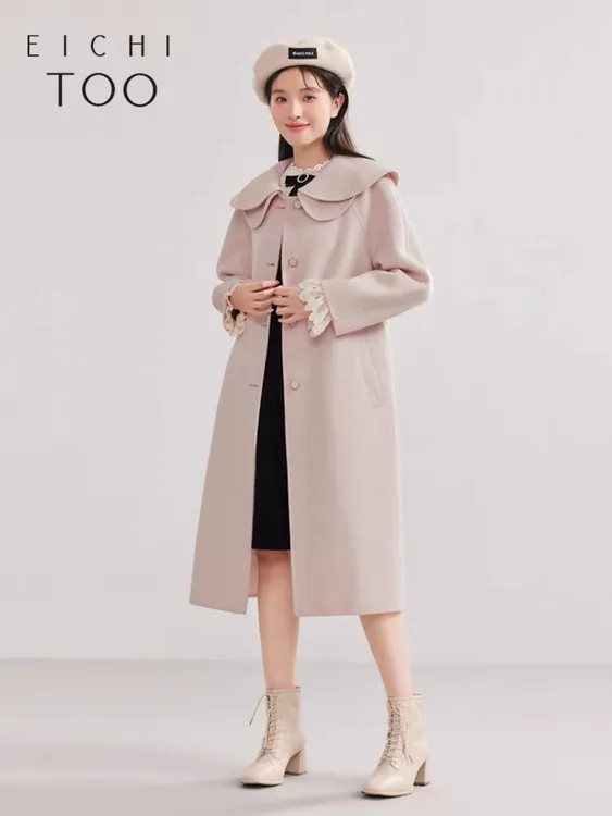 爱居兔冬季大衣新款双层大翻领设计感甜美双面呢大衣全新吊牌齐全