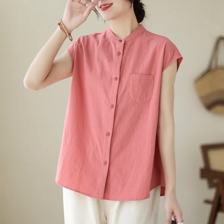 日系粉色衬衫女夏文艺简约圆领无袖衬衣小衫