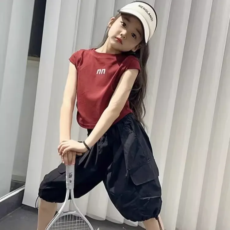 女童背心套装2024夏季新款女孩短袖炸街洋气时髦工装裤T恤两件套