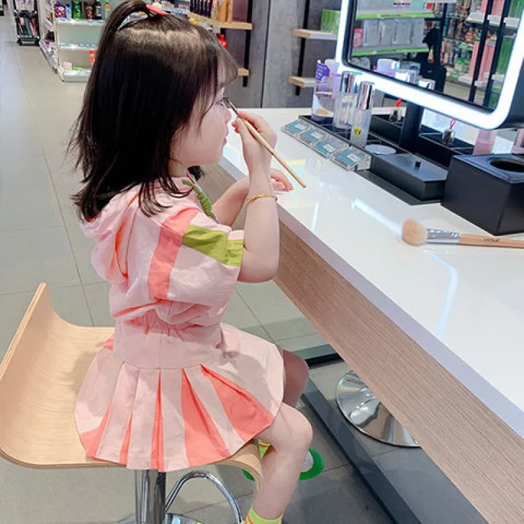 女童套装2025夏季新款女童韩版连帽运动套装儿童学院风短袖+裙裤
