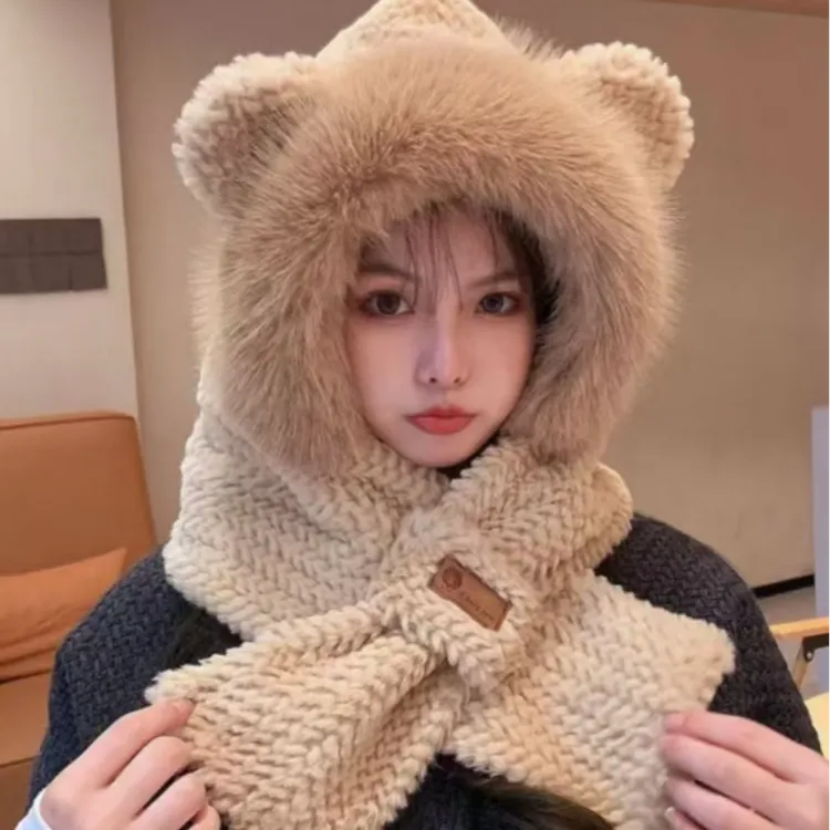 【新疆包邮】冬季可爱小熊帽子围巾绒加厚保暖护耳围脖一体