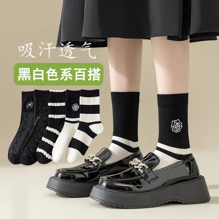 女士袜子秋冬季吸汗透气简约中筒袜韩系山茶花长袜黑白条纹棉袜