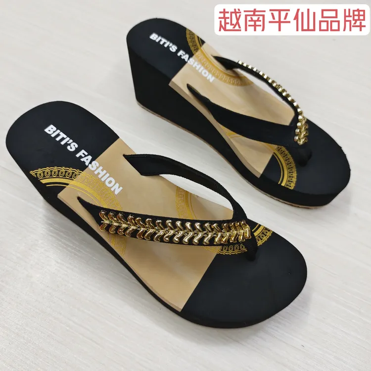 越南平仙品牌高跟夹脚黑色拖鞋时尚潮流百搭轻便防滑增高厚底拖鞋