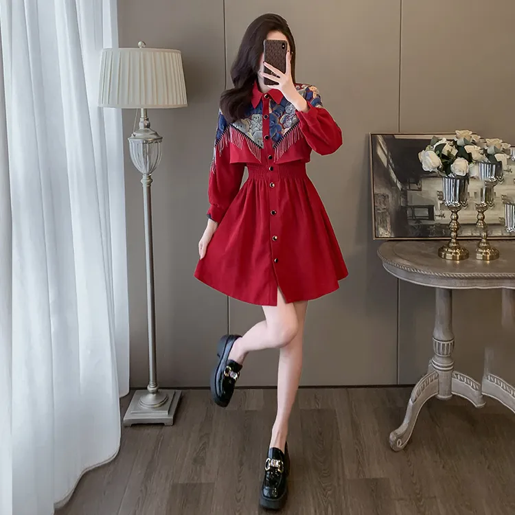 大码女装春秋中式国风高级感假两件胖mm气质显瘦本命年红色连衣裙