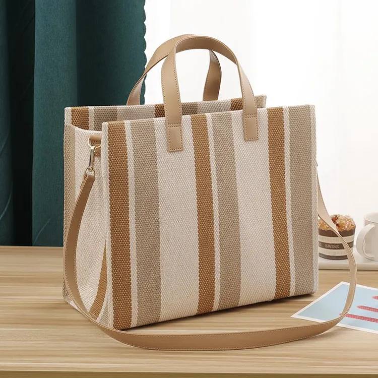 女士手提外出时尚公文包教师通勤条纹简约托特包大容量百搭夏季