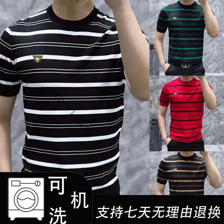 【XI.YI/熙怡】2023新款男士百搭圆领休闲韩版条纹针织短袖 31907