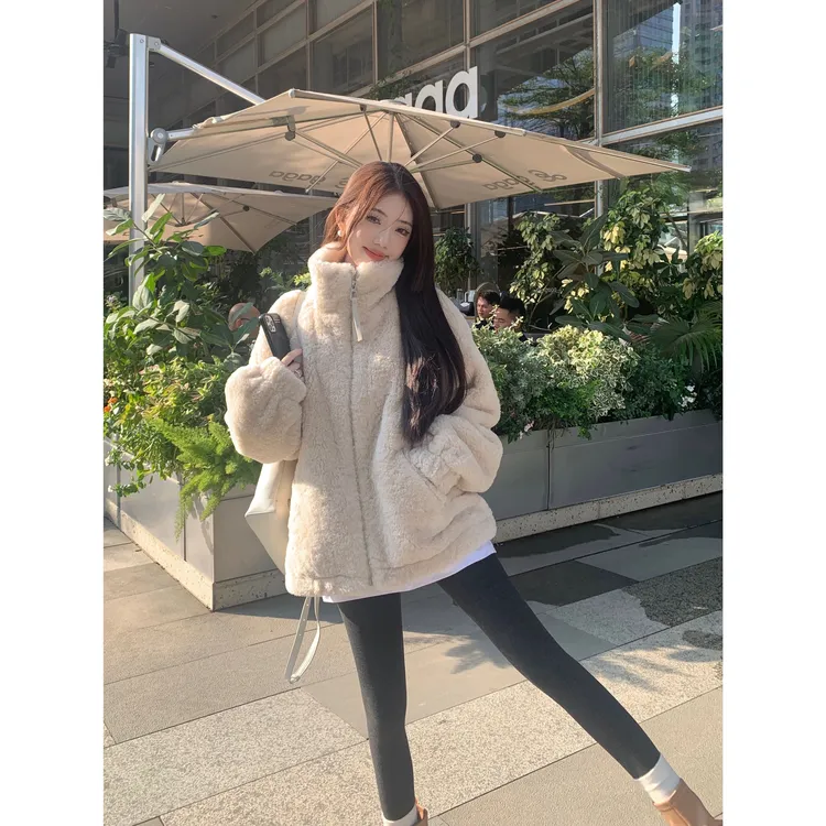 2024冬季夹棉加厚ins羊羔毛外套短款气质宽松显瘦保暖立领上衣女