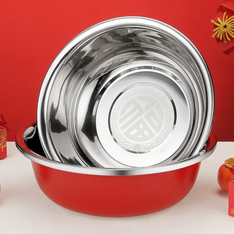 不锈钢结婚喜盆陪嫁聚宝盆婚庆用品新娘嫁妆出嫁脸盆红色盆子一对