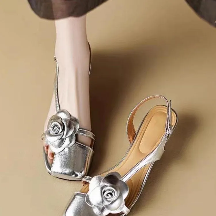 法式复古半百搭软底女夏季新款仙女风山茶花朵猫跟镂空气质中跟鞋