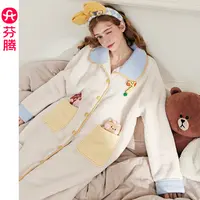 芬腾珊瑚绒女士睡袍秋冬季长袖保暖居家布朗熊睡衣可外穿加厚浴袍