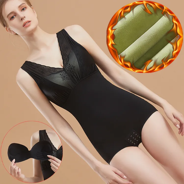 秋冬加绒加厚保暖连体衣塑身衣带胸垫束腰美体塑形打底紧身衣女