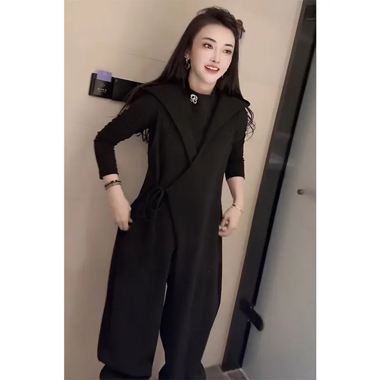 韩系显瘦连帽黑色连体裤女欧洲站2024秋季新款百搭休闲减龄长裤潮