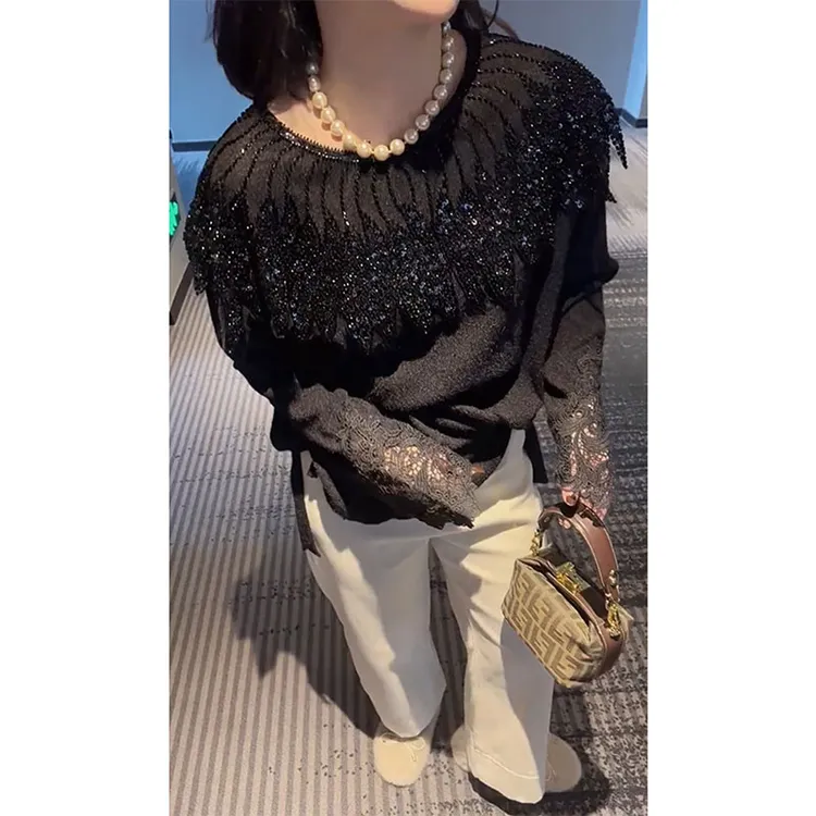 欧洲站2024秋季新款法式小众宽松拼接蕾丝衫潮休闲纯色中长款上衣