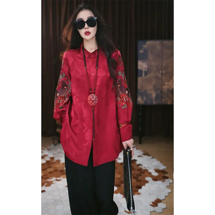 新中式国风提花中长款衬衫女欧洲站2025春秋新款高级感立领衬衣潮