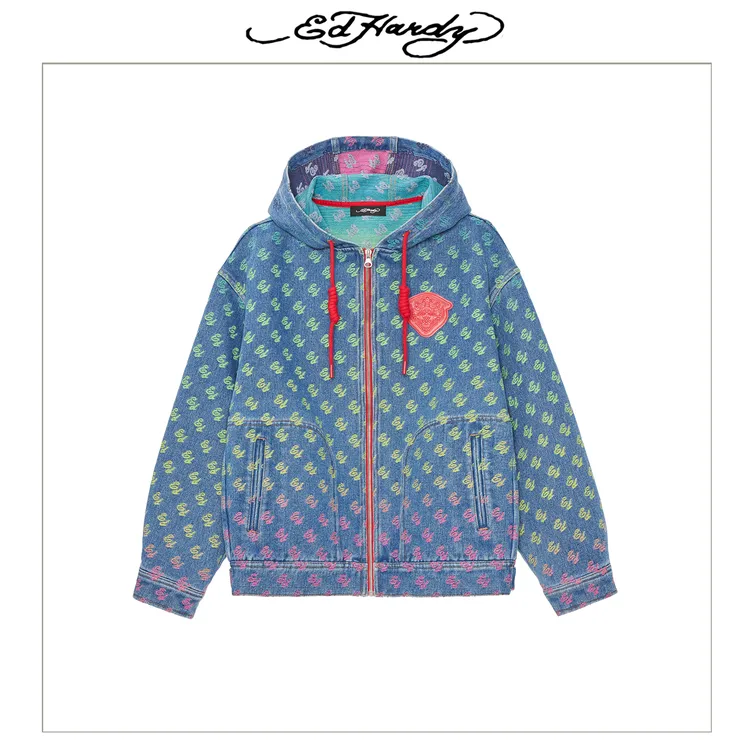 Ed Hardy/埃德哈迪渐变色满印LOGO休闲拉链夹克外套E1QAW314