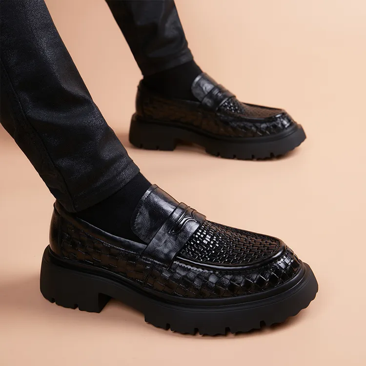 夏季皮鞋男士镂空透气真皮编织防臭商务厚底休闲鞋一脚蹬乐福鞋子