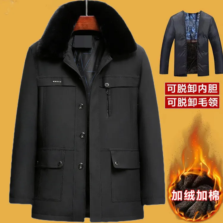 冬季男士外套中老年加绒加厚脱卸棉服爸爸装棉衣老人爷爷保暖棉袄