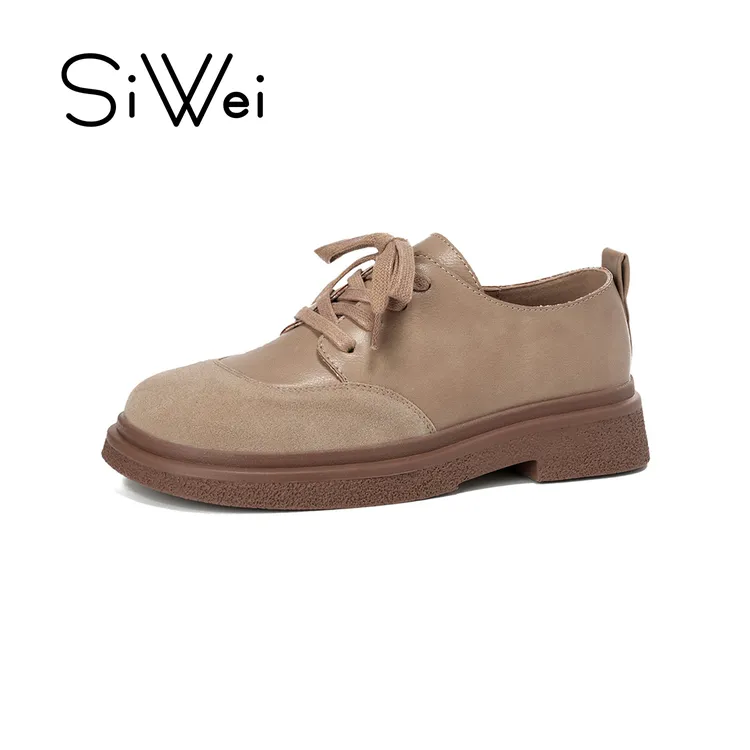 卡其色拼色圆头2025年新款复古勃肯鞋粗跟系带厚底英伦风乐福鞋女